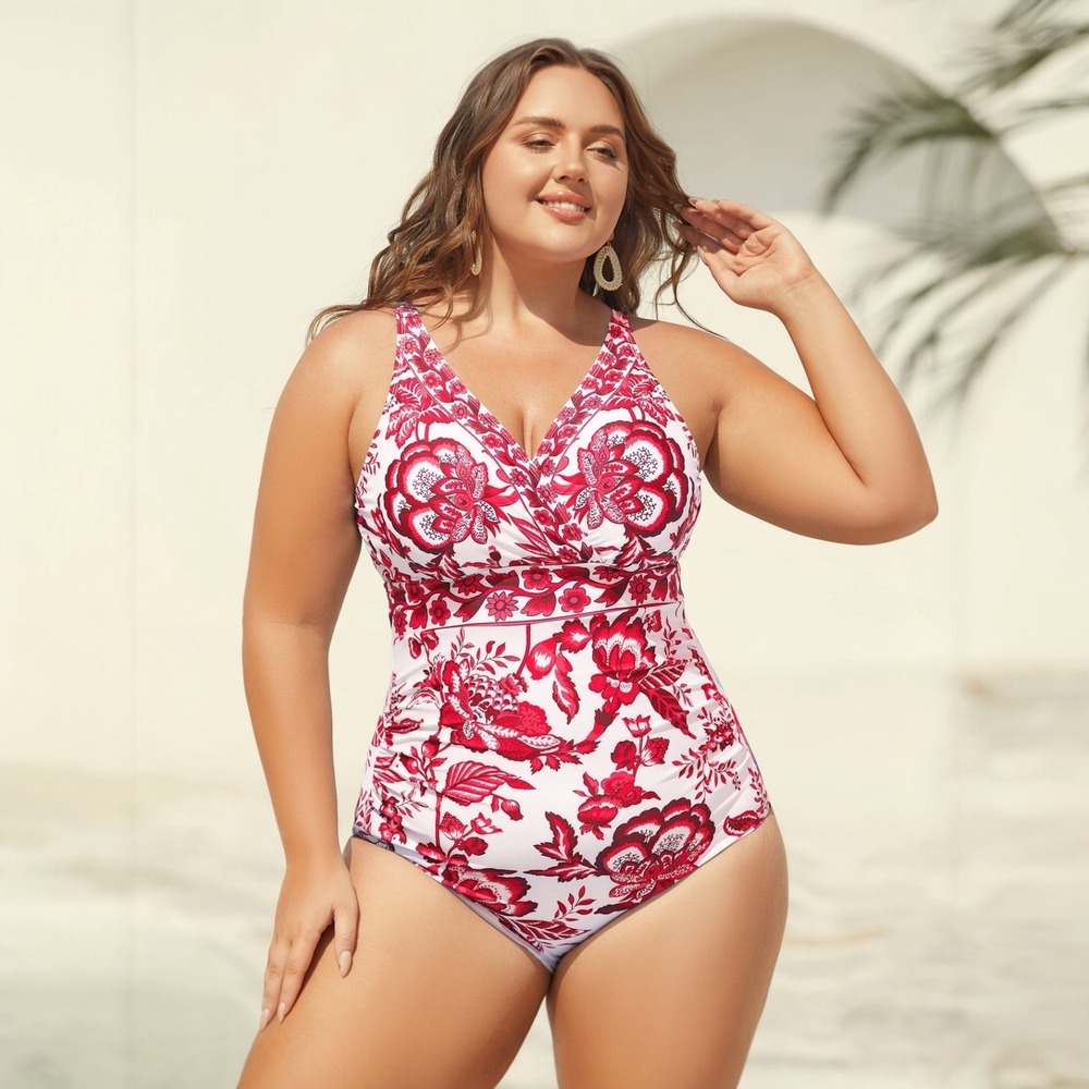NWT Bloomchic One Piece Swimsuit Pink White Floral Botanical Ruched Size 14-16